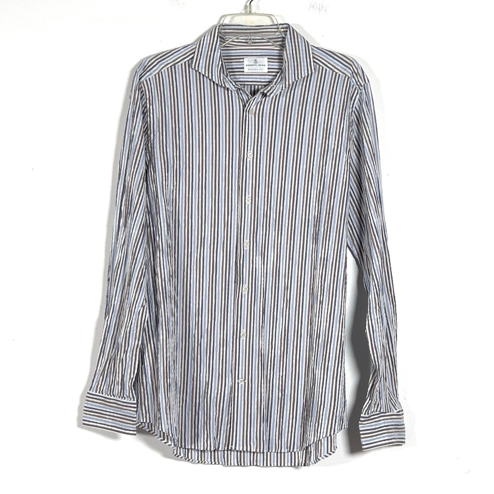 Emanuel Berg Modern Fit Crinkled Shirt Mens Sz L Striped Seersucker Long Sleeve
